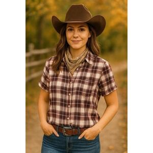 Lucky Brand Womens  Purple Gray Plaid Collared Camp Shirt Blouse Top Size Medium